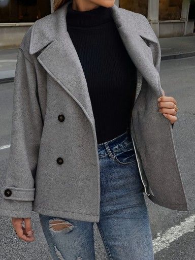 "Damen Blazermantel in Wolloptik – Übergroße kurze Trenchcoatjacke mit Revers (Hellgrau/Dunkelgrau) S-XXL"_voghion.com