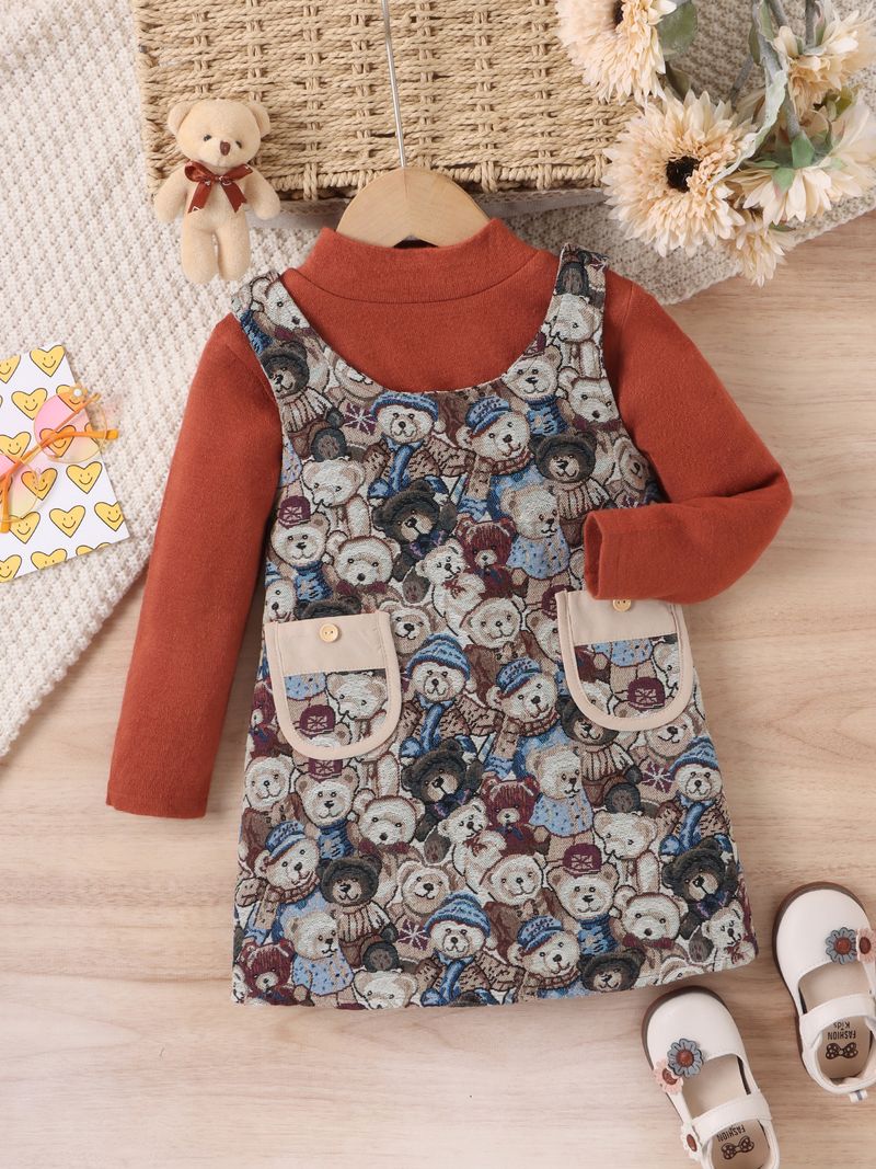 Bezauberndes Trägerkleid-Set mit Bärenstickerei für Mädchen – Langarm-Outfit aus weichem Polyester (4–7 Jahre, schokoladenbraun, Cartoon-Druck, zweiteilig)_voghion.com