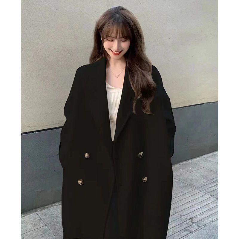 Women's Long Wool Blend Coat - Korean Style Oversized Trench Coat With V-Neck, Elegant Loose Fit Spring Fall Outerwear In Beige, Black, Camel & More_voghion.com