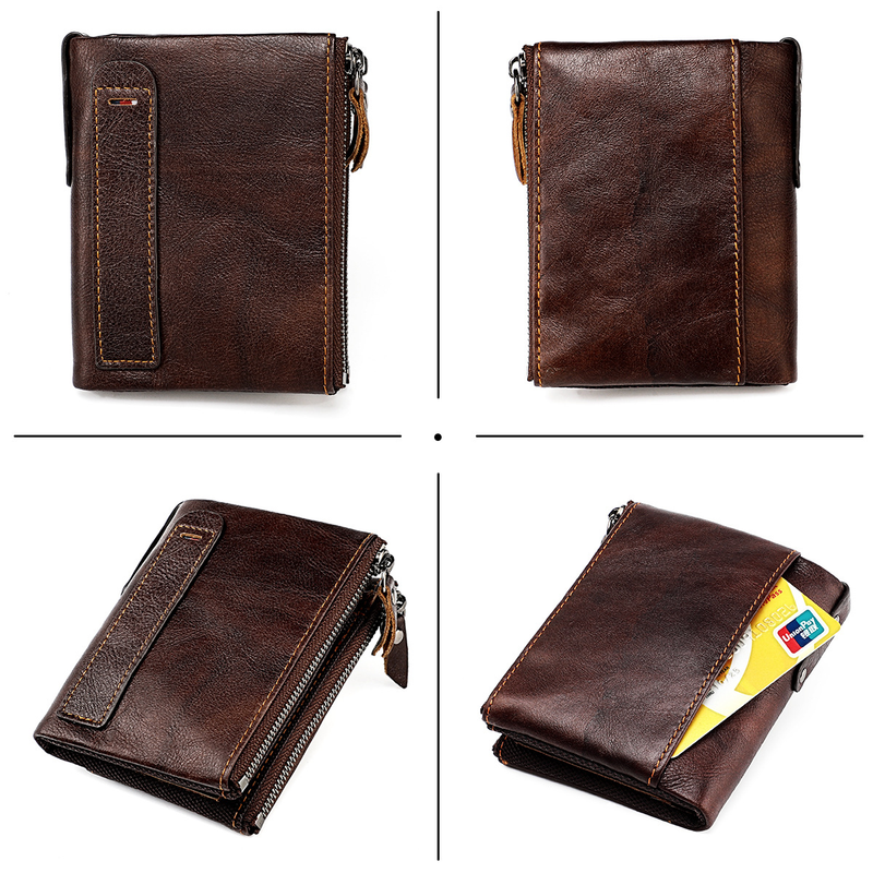 Genuine Leather Wallets for Women Men Small Rfid Wallet Short Bifold Card Holder Men's Wallet with 3 Zipper Pockets Coin_voghion.com