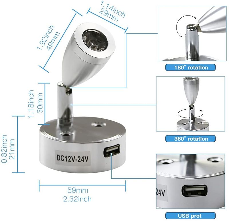 Holofote de leitura LED Iluminação interna Alumínio Ajustável Controle de toque Regulável Lâmpada de parede para barco RV Trailer Home_voghion.com
