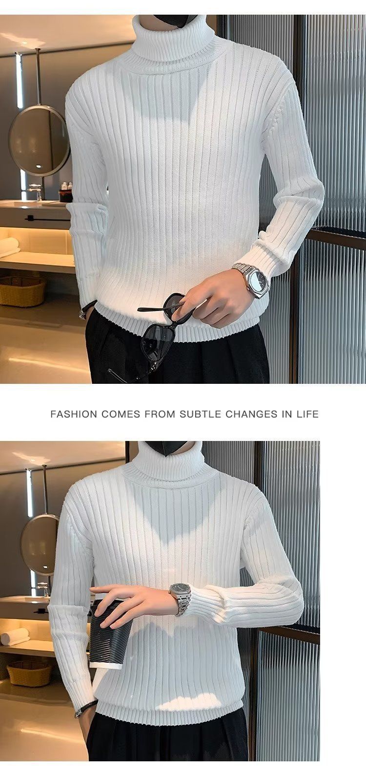 Maglione dolcevita da uomo 2025, autunno inverno, vestibilità slim, caldo, a collo lungo, tinta unita, maglia di base_voghion.com