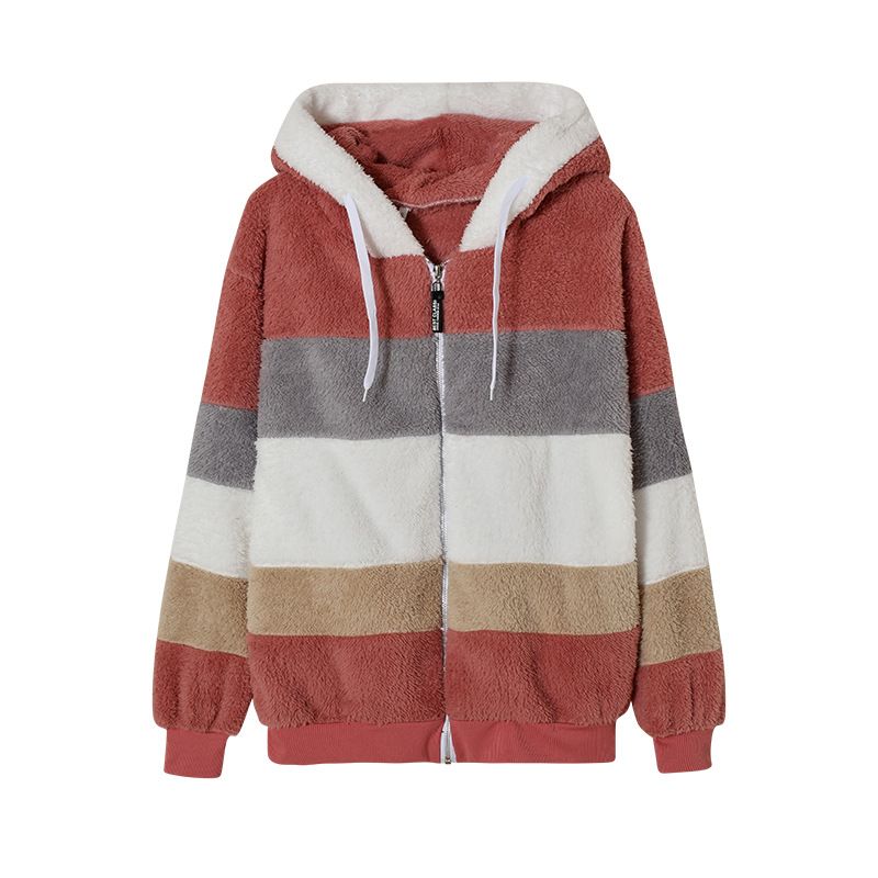 Damenbekleidung Neue Herbst- und Winterjacke mit lockerem Plüsch und mehrfarbiger Kapuze_voghion.com