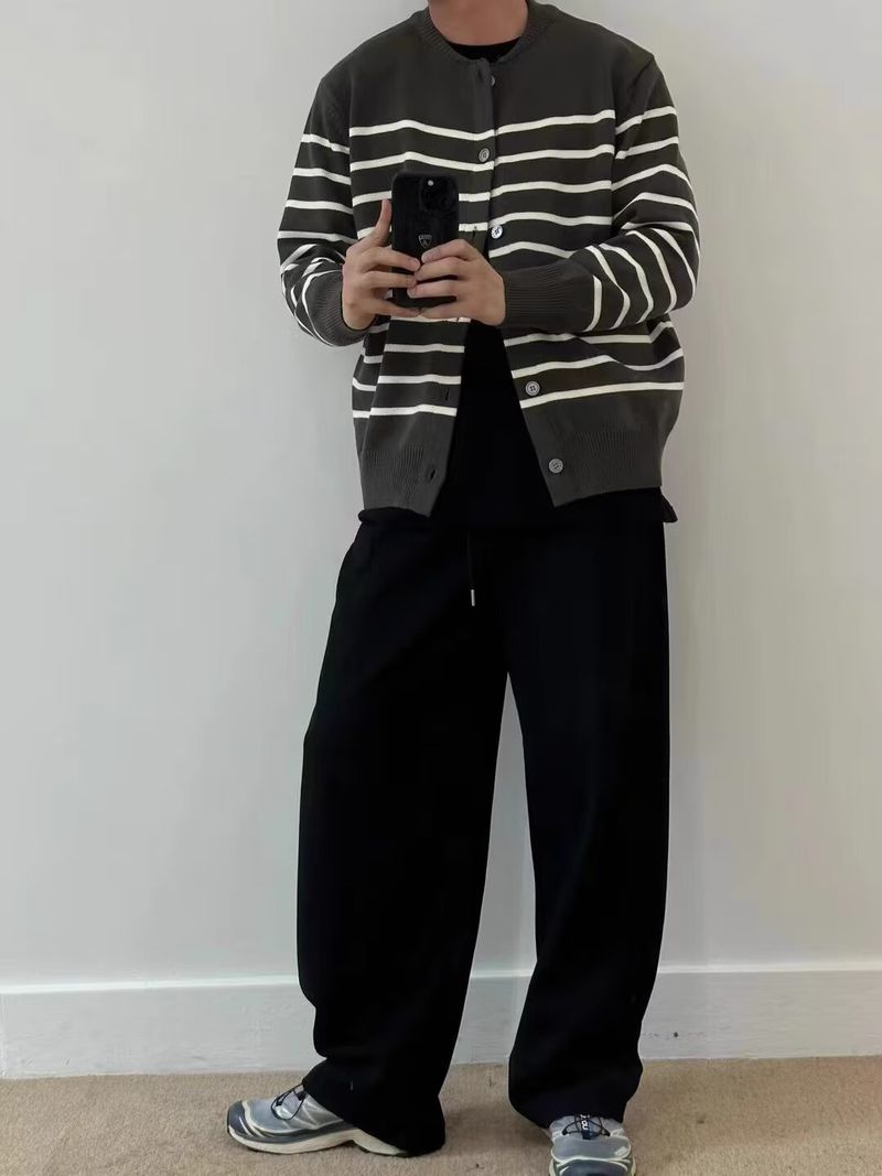 Gestreifter Damen-Strickpullover – Langärmliger, lässiger Mantel mit Knopfleiste vorne, offen, weich und bequem, trendiger College-Stil_voghion.com