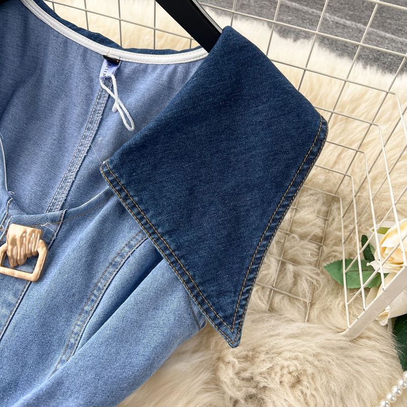 Women's Clothing Design sense large lapel sleeveless vest dress for women, hollow waist exposed slim long retro denim dress for women_voghion.com