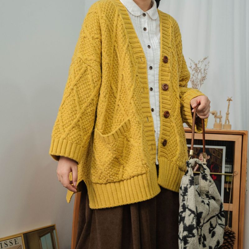 ragazza 2025 Autunno Donna Taglie Forti Cardigan Lavorato a Maglia in Cotone e Lino Maglione Natalizio di Lana di Media Lunghezza con Scollo a V e Design Traforato_voghion.com