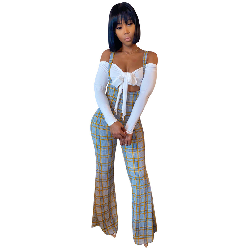 Women's sexy slim line shoulder coat plaid suspenders two-piece set_voghion.com