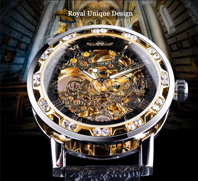 Men's Fashion Skeleton Mechanical Watch With Rhinestones - Hand-Winding Luxury Timepiece, 40mm Leather Strap, Stainless Steel Buckle_voghion.com