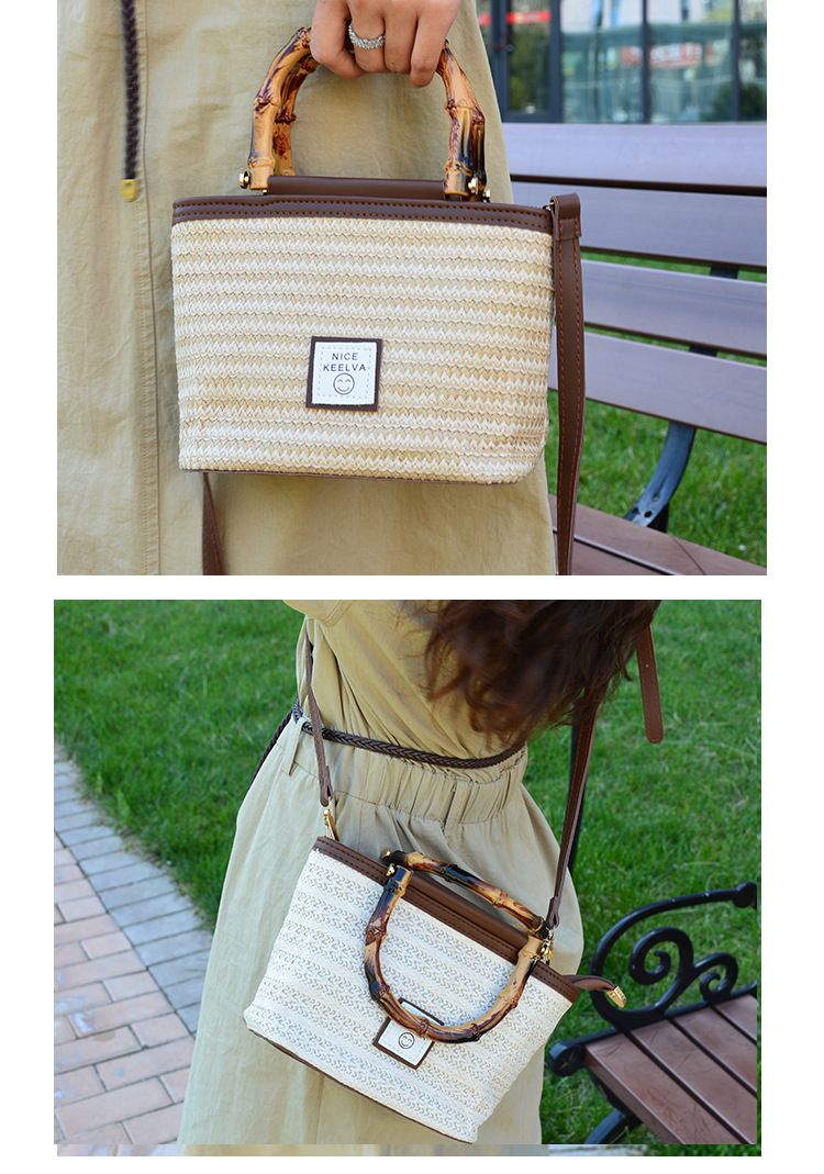 Borsa a mano retrò di fascia alta, borsa a secchiello in tessuto casual estivo da donna in paglia Borsa a tracolla singola alla moda e di nicchia_voghion.com