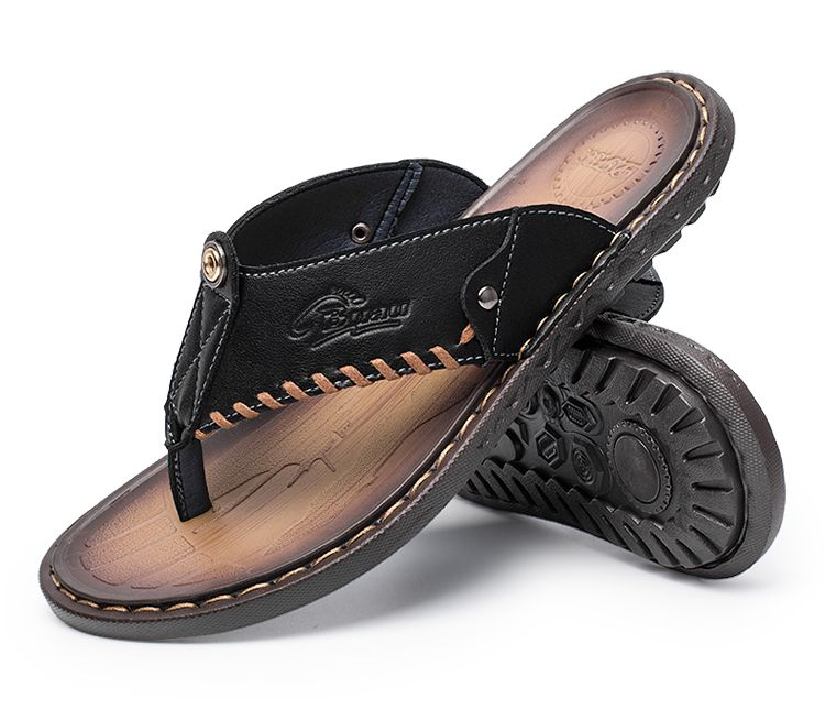 【 Vera pelle bovina cucita a mano 】 Pantofole a spina di pesce, sandali in pelle alla moda, sandali da uomo antiscivolo per uso esterno_voghion.com