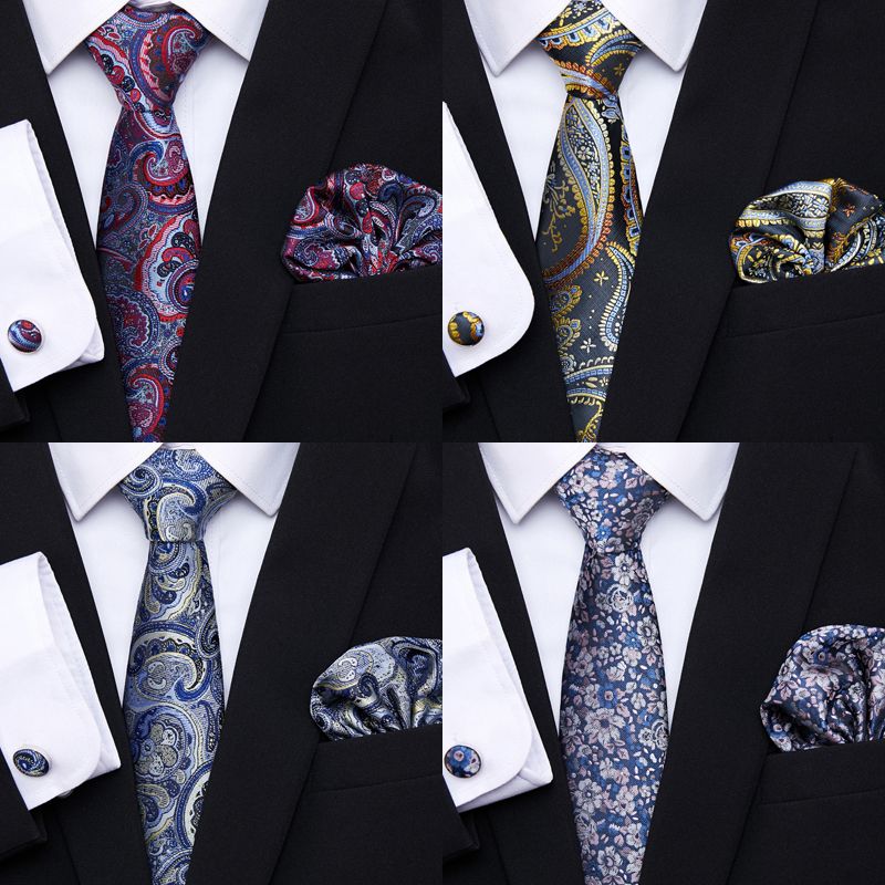 Jacquard Nuovo Design Festivo Regalo Cravatta Fazzoletto Gemelli Set Cravatta Uomo Plaid Camicia Gialla Accessori_voghion.com