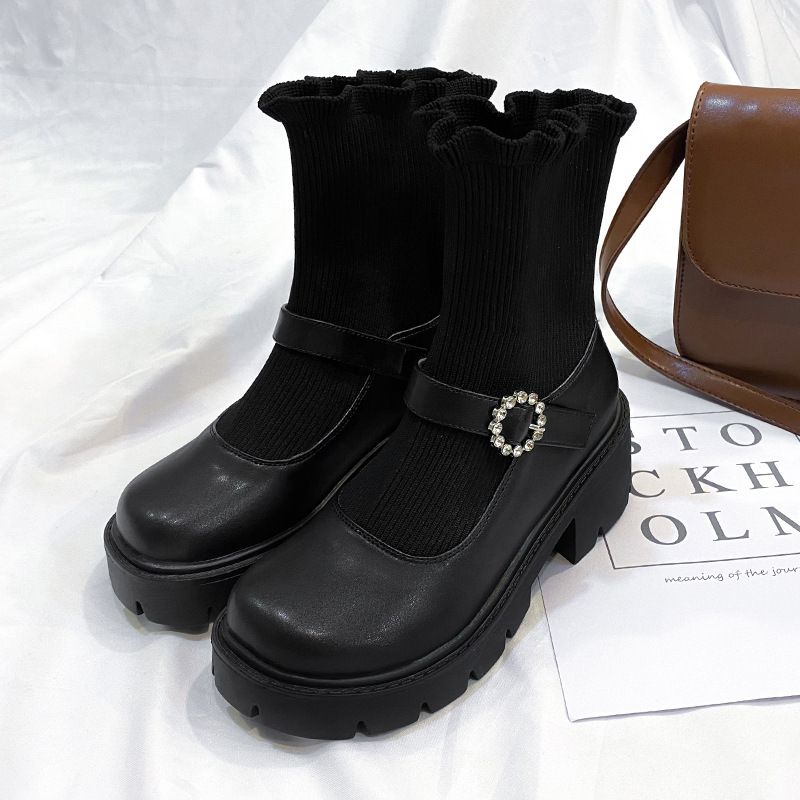 2021 Nuove scarpe Mary Jane in pelle con punta tonda per donna, suola spessa, elasticizzato, in maglia, stivali corti primaverili e autunnali_voghion.com