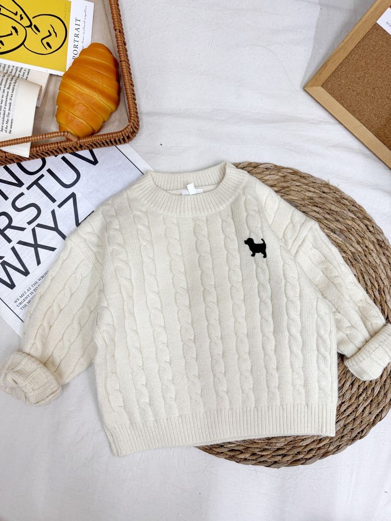 Pull enfant automne hiver garçon et fille couleur unie broderie chiot ample et chaude en maille torsadée style bébé tendance_voghion.com