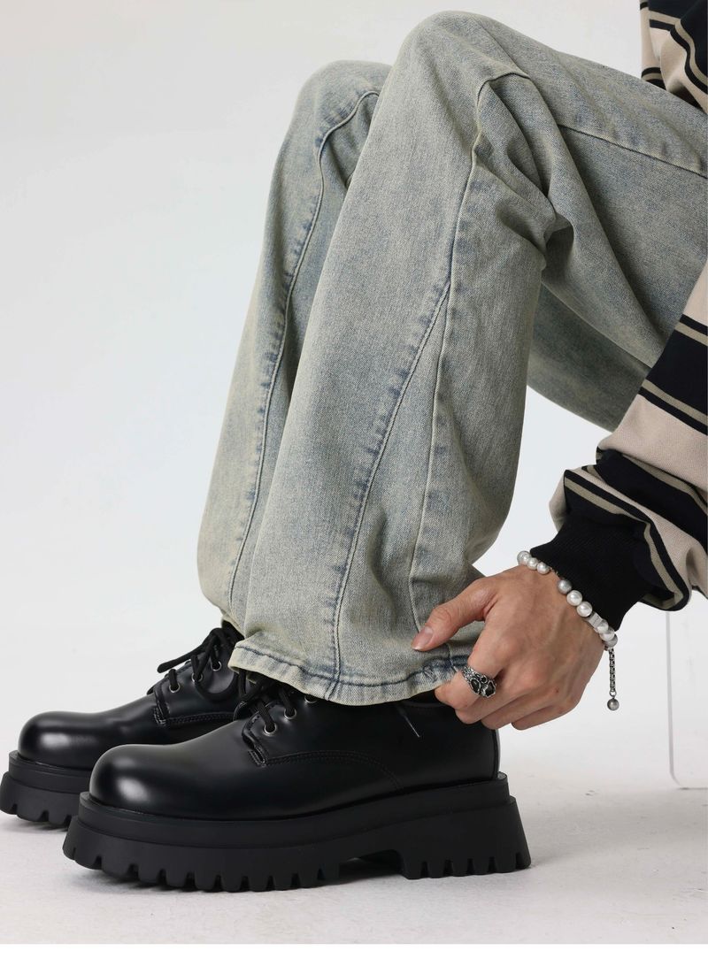 Unsere schwarzen Business-Lederschuhe mit dicker Sohle und großem rundem Kopf erhöhen die Körpergröße_voghion.com