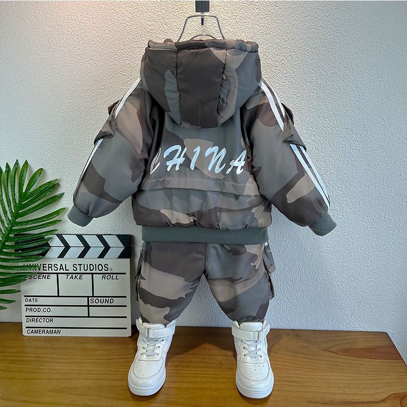 Conjunto de ropa para bebé niño, otoño e invierno, nuevo conjunto de 2 piezas con capucha y pantalones de camuflaje gruesos para niños_voghion.com