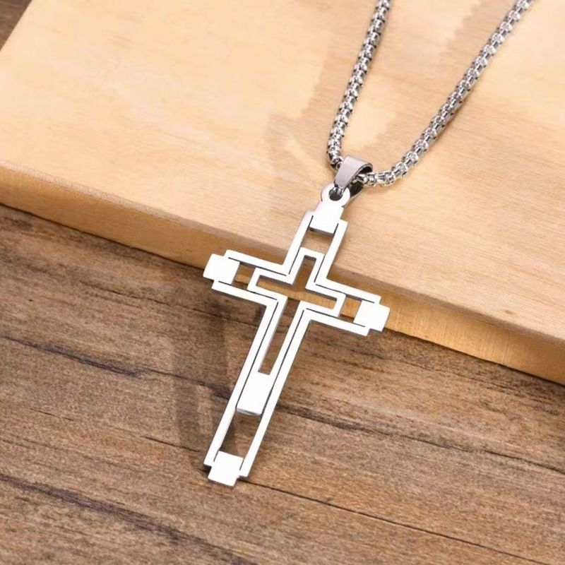 Stainless steel non fading cross versatile men's and women's hip-hop personality hollowed out high-end pendant jewelry_voghion.com