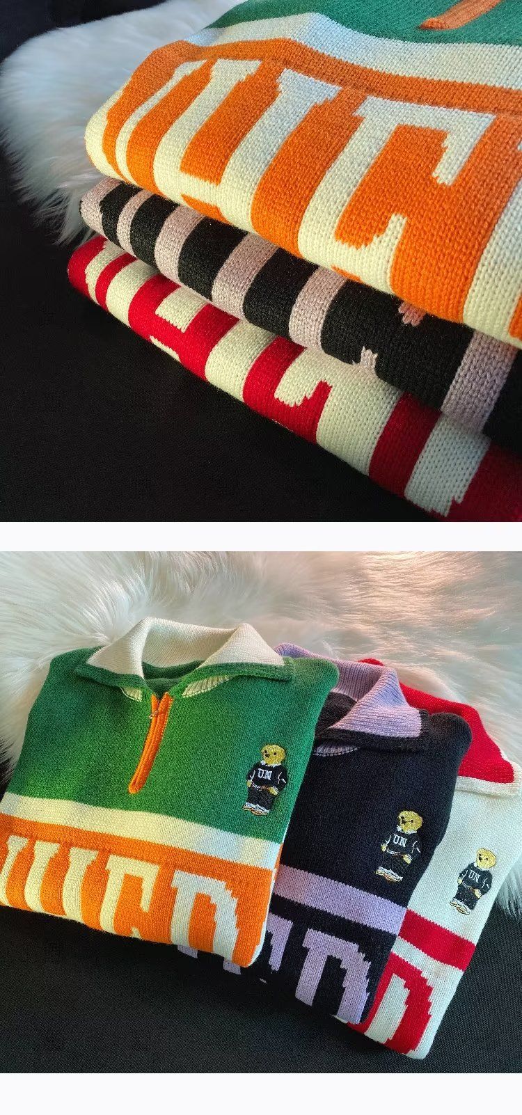 Herenkleding Polokraag cartoon letter trui heren herfst en winter contrasterende kleur pullover losse koppel stijl halve rits revers top_voghion.com