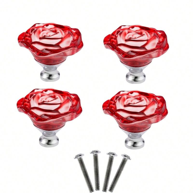 4 pomelli in vetro rosso a forma di rosa, maniglie per cassetti in cristallo, diametro 50 mm, set per bagno, cucina, ufficio._voghion.com