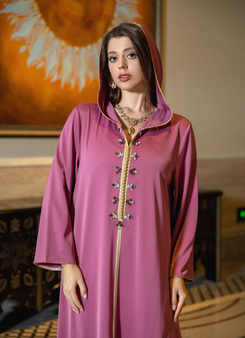 Vestido muçulmano feminino de cetim com contas abaya Dubai leve vestido de noite étnico luxuoso_voghion.com