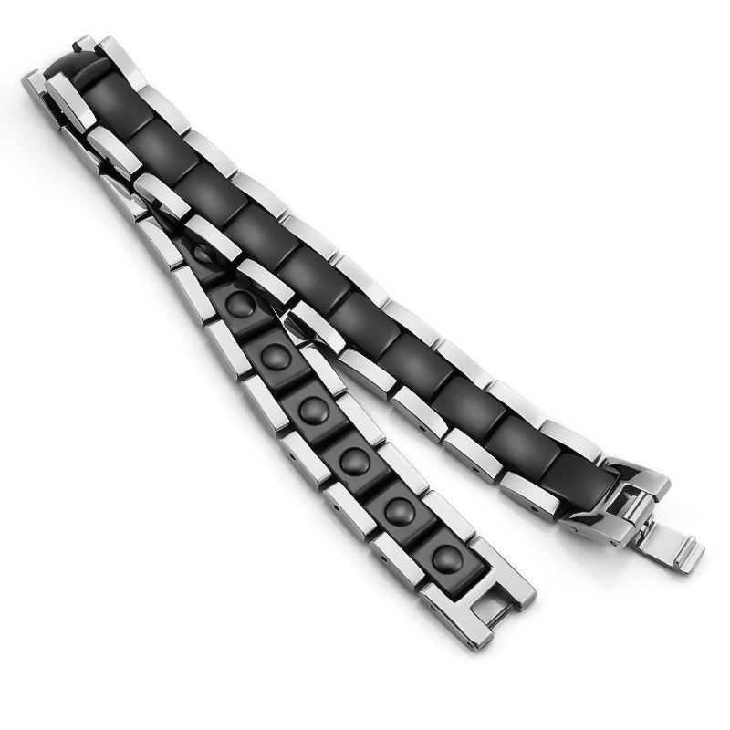 Jewelry Black And White Ceramic With Stainless Steel Curved Ochre Bracelet Men's Health Magnetic Jewelry_voghion.com