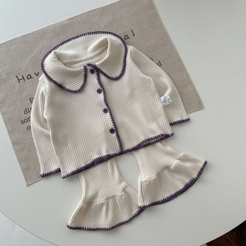 INS Spring Autumn Baby Shell Knitted Split Set for Girls Babies with contrasting color cardigan and flared pants_voghion.com
