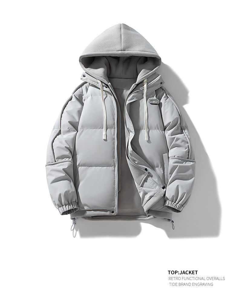 Unisex-Wintermantel mit anpassbarem Logo – Locker sitzende, gestreifte Paarjacke mit Kapuze und falschem zweiteiligem Design_voghion.com