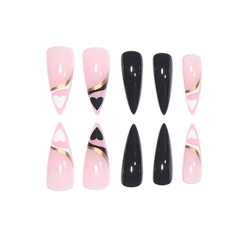 Long Glossy Pink & Black French Tip Press-On Nails With Gold Heart Accents - Reusable Fake Nails For Women, Glue/Sticker Applicable_voghion.com