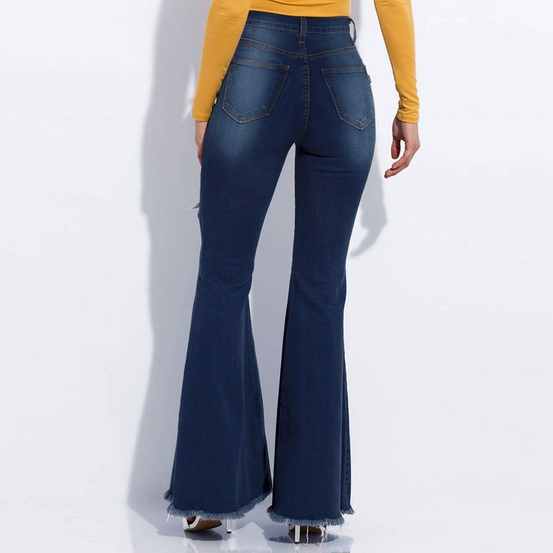 Modische Damenbekleidung mit weitem Bein, ausgewaschener, zerrissener Denim-Stretch-Schlaghose_voghion.com