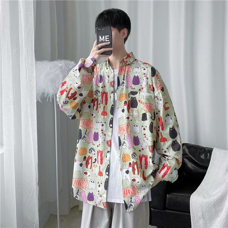 Spring and Autumn Fashion Brand Instagram Pi Shuai Long sleeved Flower Men's Loose Korean Shirt Hip Hop Street Coat_voghion.com