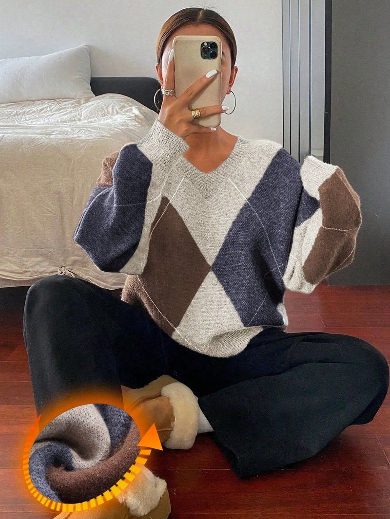 Suéter feminino retrô com decote em V e losangos – Pulôver de malha em cores contrastantes | Blusa casual coreana com caimento solto para outono e inverno_voghion.com