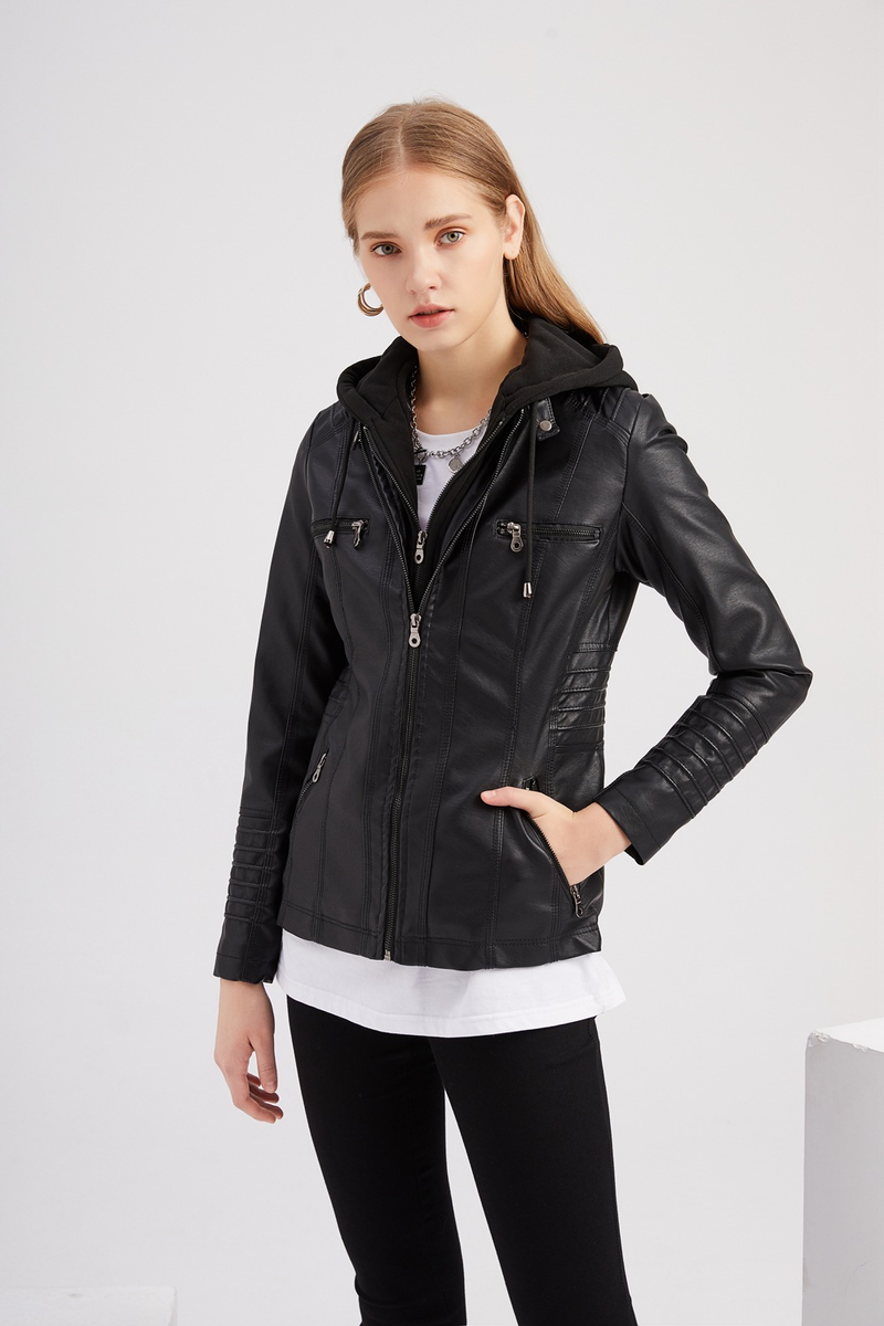 Giacca in pelle con cappuccio da donna, set da due pezzi, staccabile, di grandi dimensioni, in pelle PU lavata da donna_voghion.com