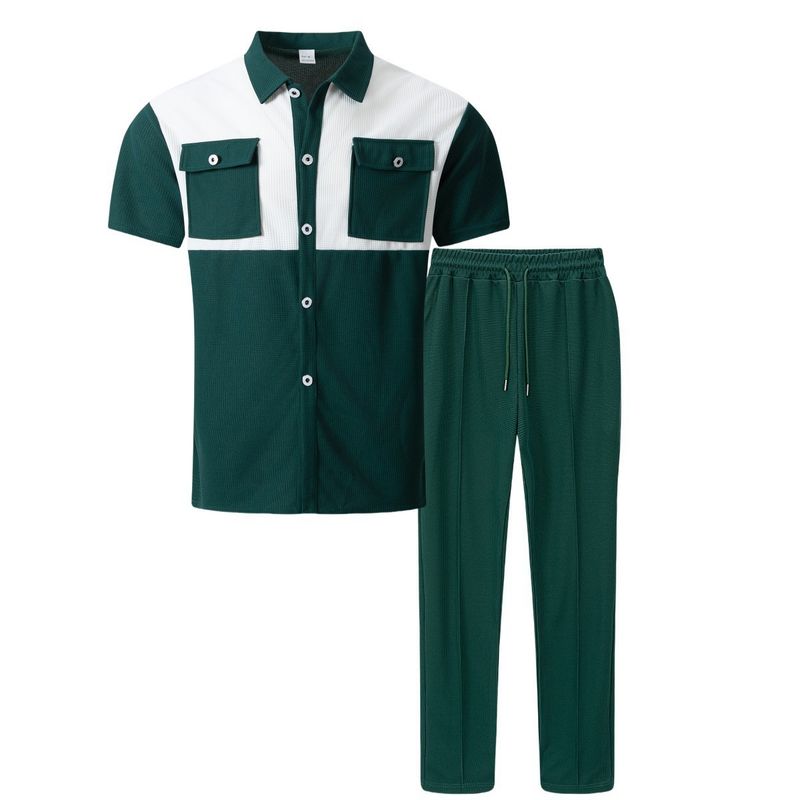 Herenkleding Nieuw wafelpatroon met vier rijen zakken, bijpassende korte mouwen overhemd en broek, tweedelig pak_voghion.com