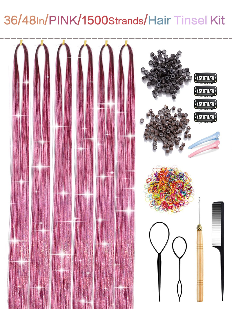 Sier-Set mit Werkzeug, Feenglitzer, 6 Stück, 1500 Strähnen, funkelnde, glänzende Lametta-Haarverlängerungen für Frauen und Mädchen_voghion.com