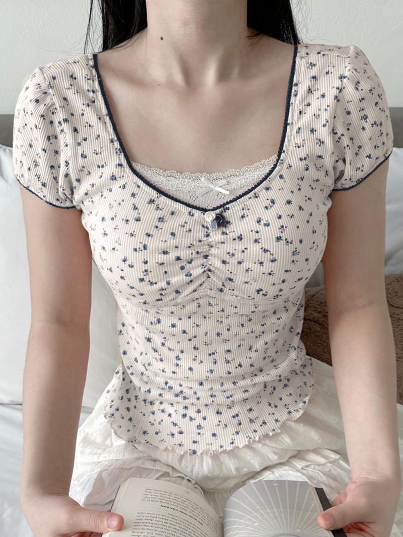 waarme Verkaf IAMSURE Séiss léif Spitzenbezuch Blummen T-Shirt Sexy Schlank Patchwork Quadratkragen Kuerzärm T-Shirts Fraen 2024 Summer_voghion.com