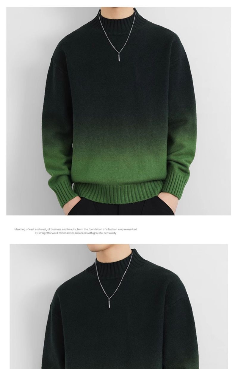 Herren-Strickpullover mit Ombré-Muster – Halbrollkragen, lockere Passform, Stretch-Polyestermischung (Armeegrün/Blaugrau/Beige/Dunkelgrün/Chinarot)_voghion.com
