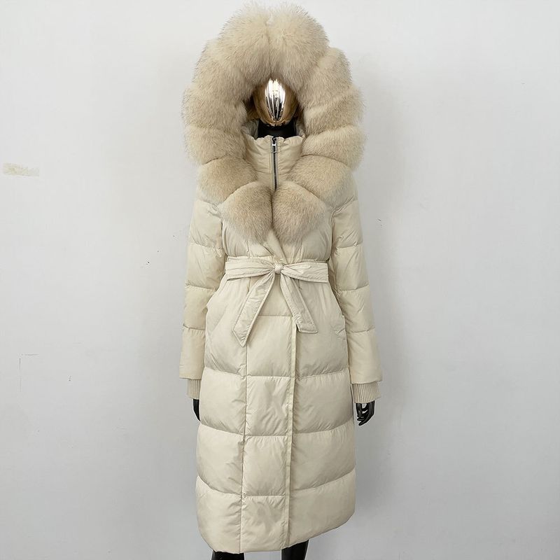 Fox Fur Large Collar Down Jacket With Hood And Long Style For Winter, Slim Waist And Knee Length Thickened Women's Coat_voghion.com
