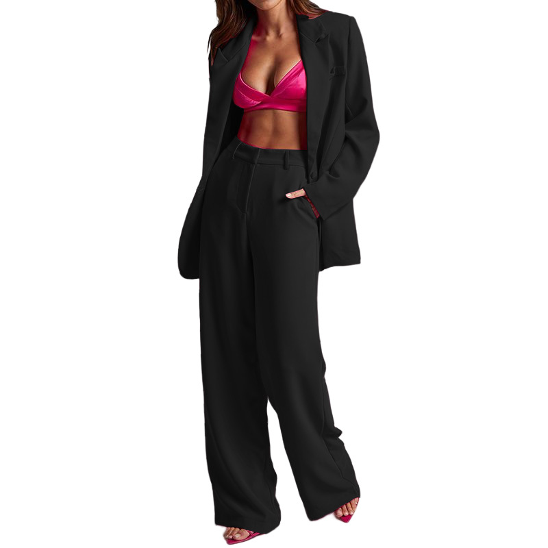 Pantaloni larghi da donna a gamba larga a vita alta a maniche lunghe con risvolto casual, due pezzi_voghion.com