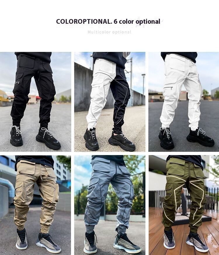 Men's casual Korean version trendy brand plus size straight leg work men's personalized multi pocket reflective sports_voghion.com