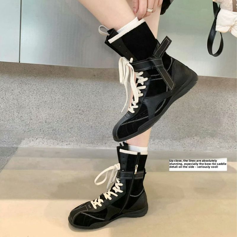 Women Boxing Boots Cowhide Version Grape Mom Same Style Boxing Color Matching Lace Side Zipper Hunting Training Martin Women's Short Boots_voghion.com