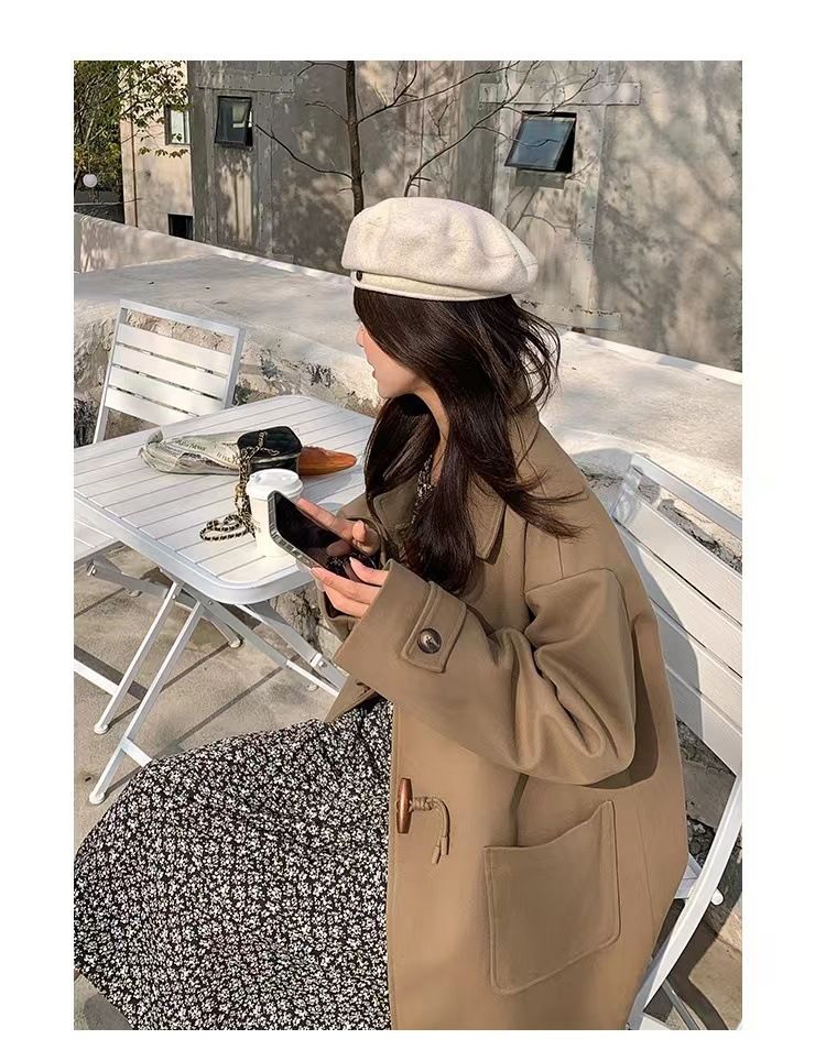 Women's woolen coat with horn buckle, autumn and winter 2023 New woolen coat, small mid-length Hepburn trendy_voghion.com