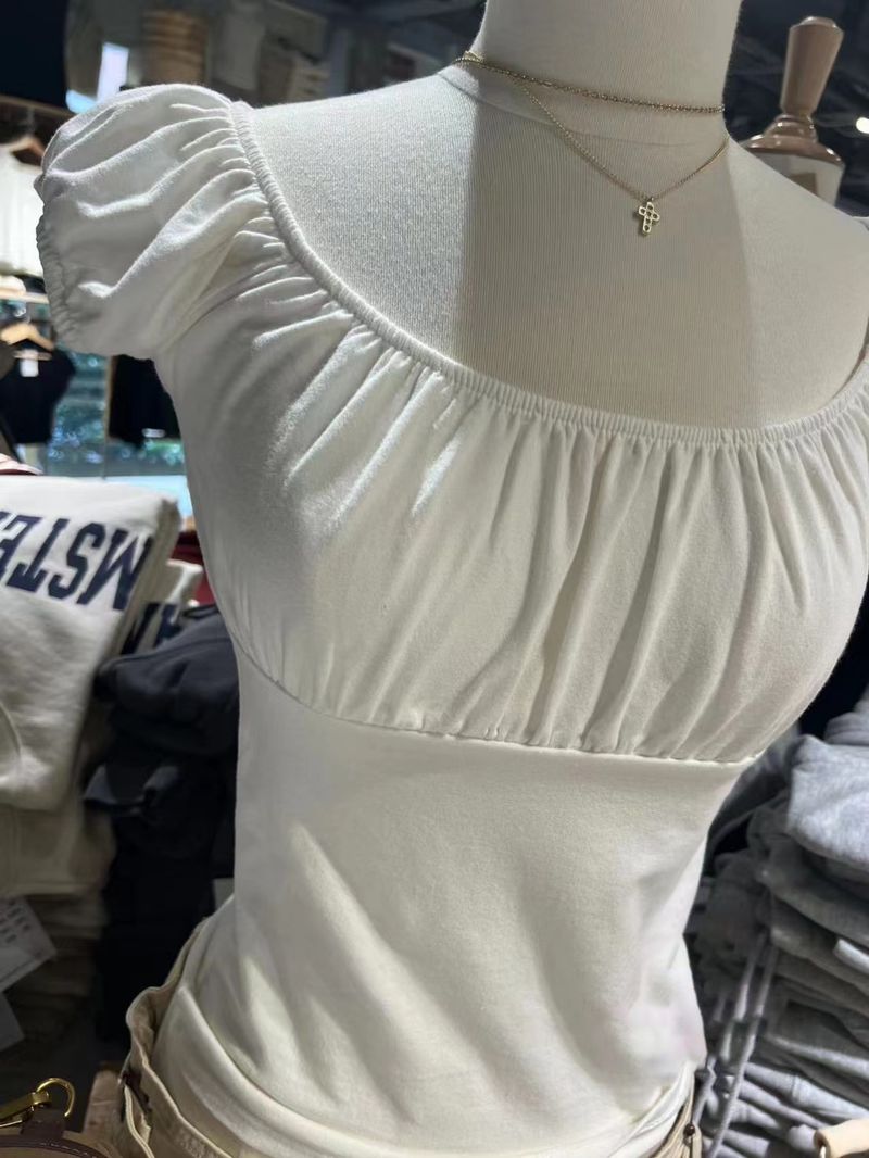 hot selling Sweet White Folds Slim Tees Haruku Cute Scoop Neck Soft Cotton Puff Sleeve T-shirts Vintage Solid Summer Balletcore Tops_voghion.com