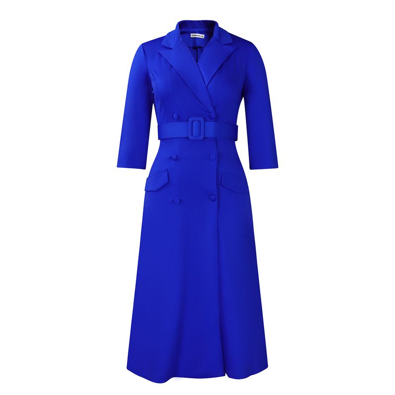 Damenbekleidung Damenmode Temperament Zweireihiger Anzugkragen Einfarbiges Kleid Mittellanges Kleid_voghion.com