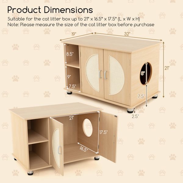 Cat Litter Box Enclosure With Sisal Scratching Doors And Adjustable Metal Feet_voghion.com