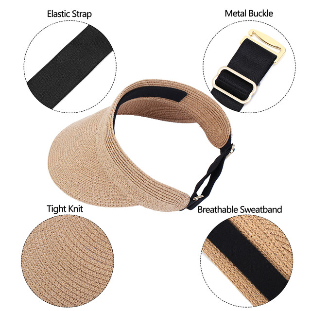 Cappello da spiaggia moda estiva Cappello pieghevole pieghevole in paglia con coperchio vuoto per donna Cappello da sole a tesa larga con protezione UV esterna_voghion.com