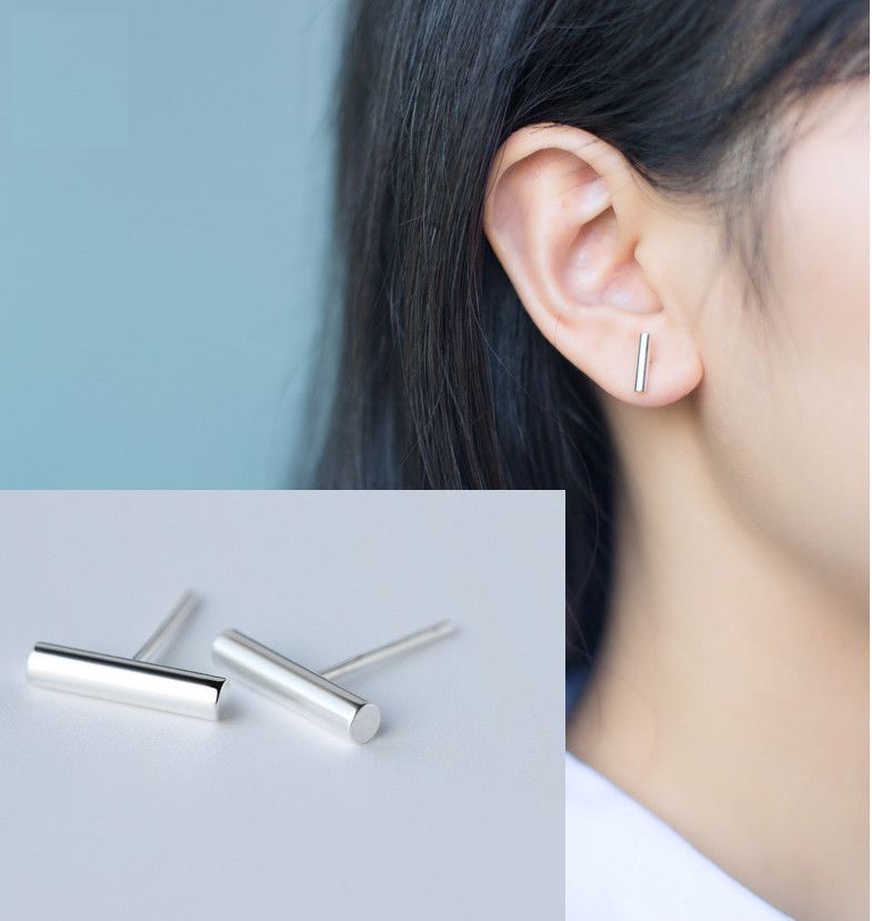 Orecchini a bottone con barra rotonda in argento sterling 925, orecchini minimalisti PE18_voghion.com