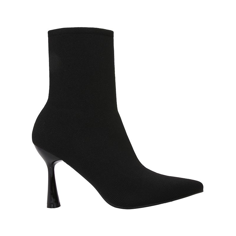 Sock ZA 2024 Autumn New Shoes Black Fabric Stretch Pointed Toe Stiletto Short Women's High Heel Boots_voghion.com