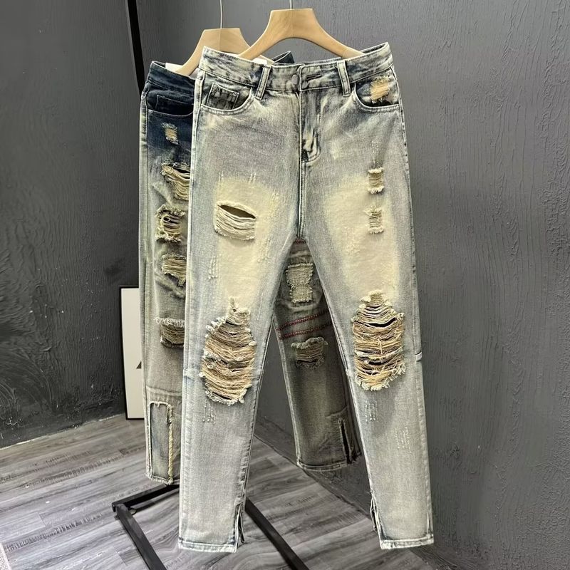 Herrkläder high street tvättad katt morrhår hål smala jeans herr smala fötter dragkedja byxor byxor_voghion.com