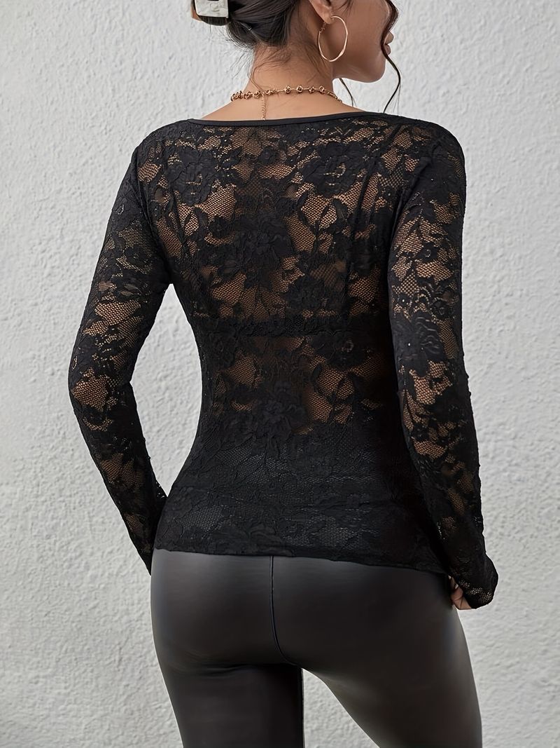 Damenbekleidung Neue sexy einlagige Bluse mit floraler Spitze in Fächerform mit dekorativer Bodenbildung für Damen_voghion.com