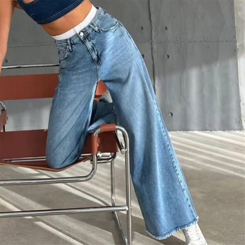 Damenbekleidung Retro High Waist Nicht elastisch Gewaschen Gerade Mode Kontrastfarbe Weites Bein Jeans_voghion.com