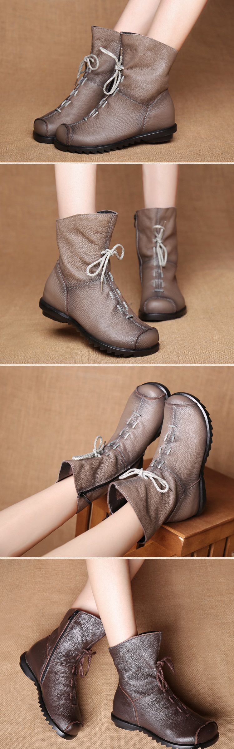 Stivali corti in pelle originali retrò popolari stivali in pelle caldi autunno e inverno Nuovi stivali da donna con tacco basso Stivali Martin da donna in un unico pezzo_voghion.com